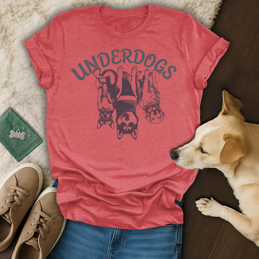Red t-shirt with "UNDERDOGS" text and three dogs wearing sunglasses.