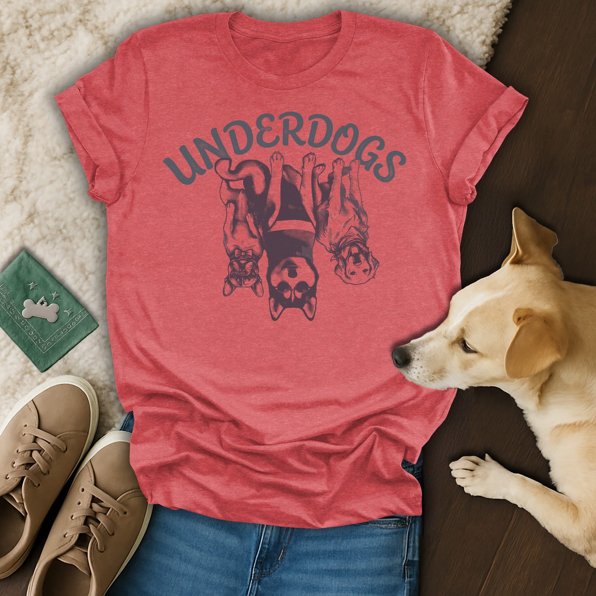 Red t-shirt with "UNDERDOGS" text and three dogs wearing sunglasses.