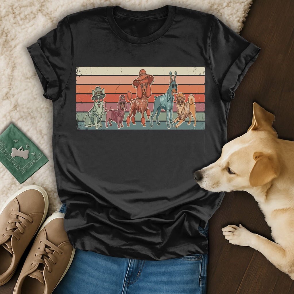 T-shirt with vintage-style cartoon dogs wearing sunglasses and hats.
