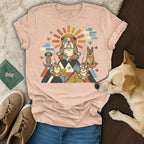 Bulldog and dogs meditating with mountains and sun design on a pink t-shirt.
