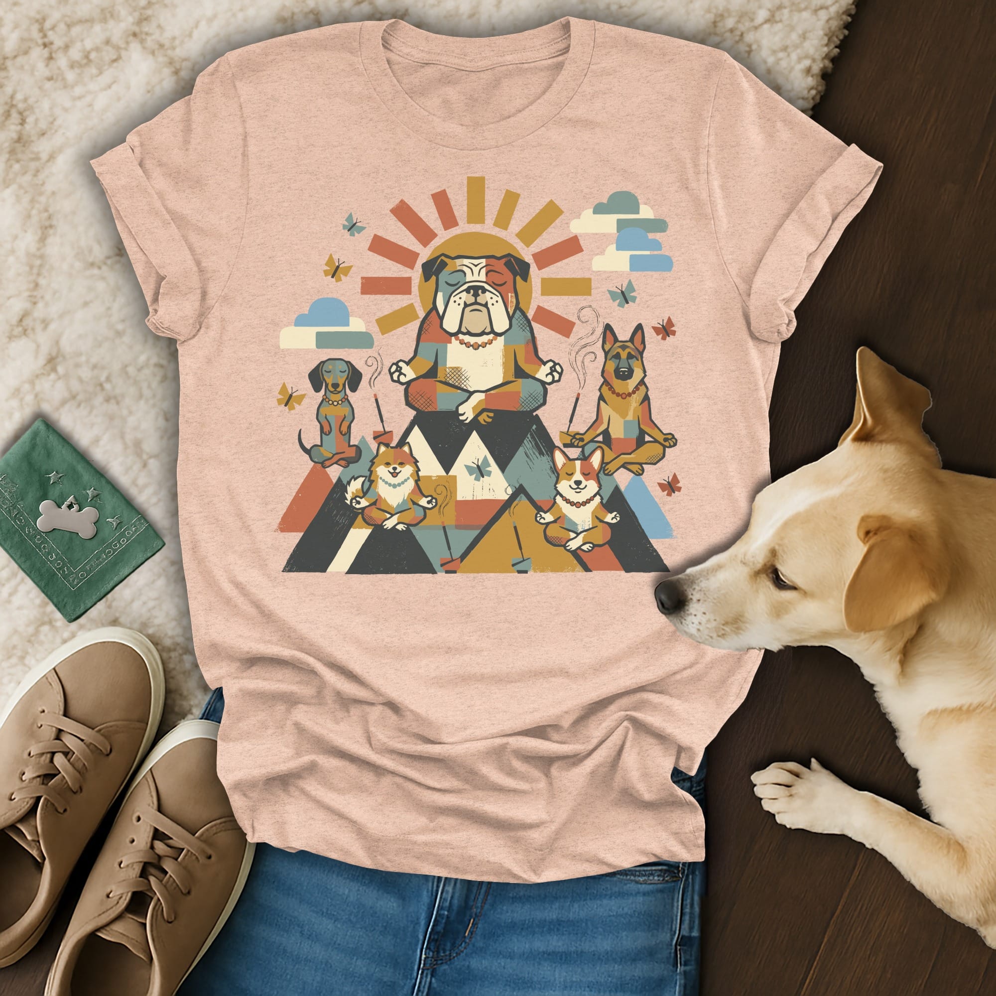 Bulldog and dogs meditating with mountains and sun design on a pink t-shirt.