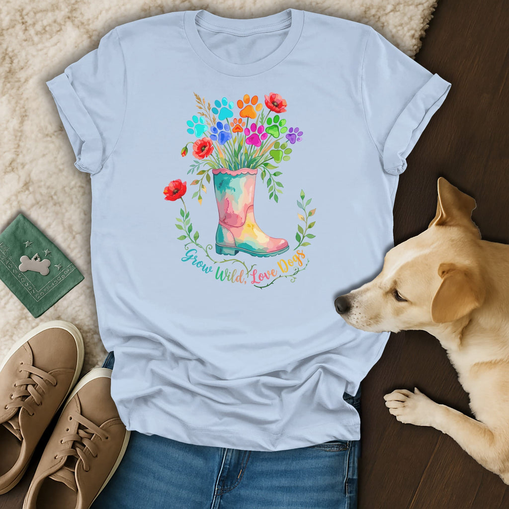 Light blue t-shirt with colorful paw prints and flowers in a boot design.