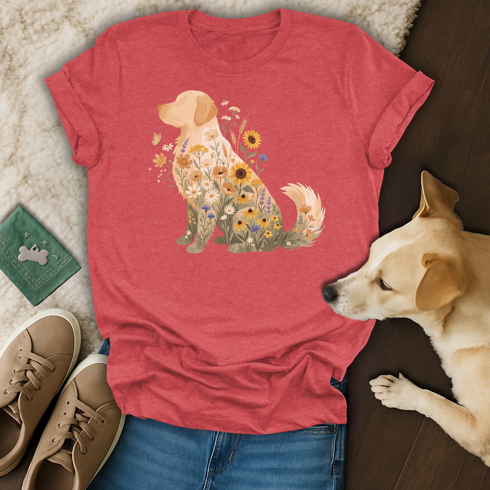 Red t-shirt with floral golden retriever graphic, near shoes and a dog.