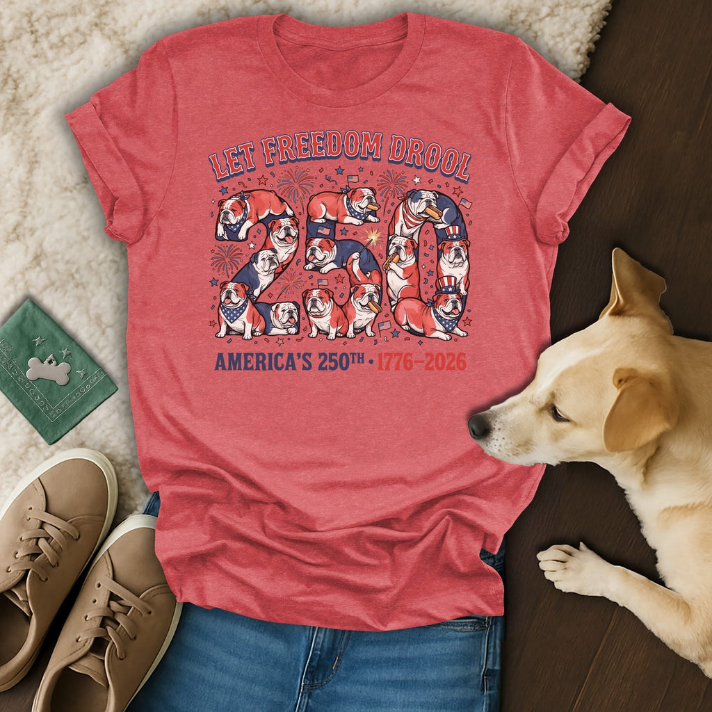 T-shirt with "Let Freedom Drool 250 America's 250th 1776-2026" and bulldog illustrations.