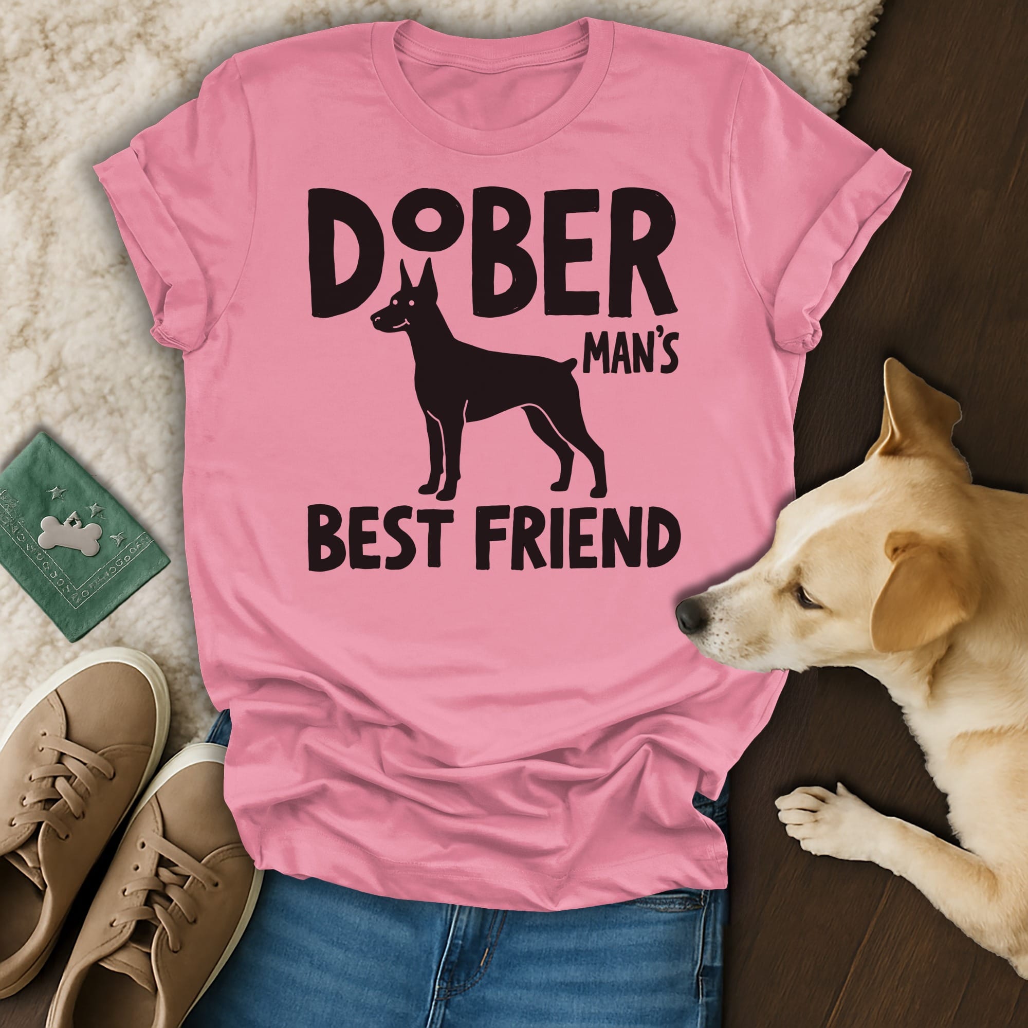Pink t-shirt with a Doberman silhouette and "Doberman Man's Best Friend" text.