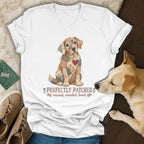 White v-neck t-shirt featuring a patchwork dog graphic and the text Perfectly Patched.