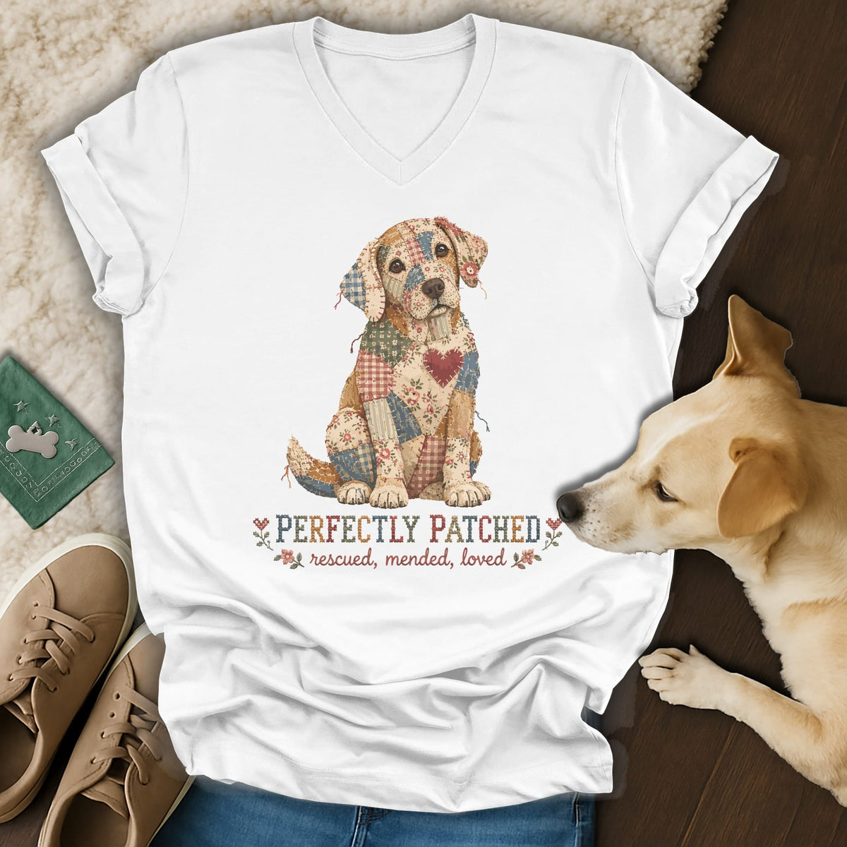 White v-neck t-shirt featuring a patchwork dog graphic and the text Perfectly Patched.