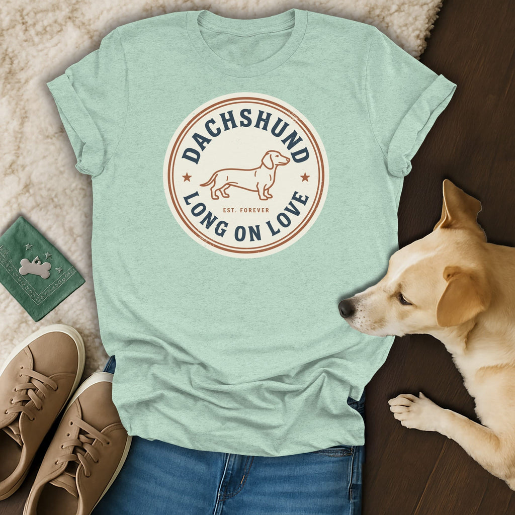 Light blue t-shirt with "Dachshund Long On Love" text and graphic.