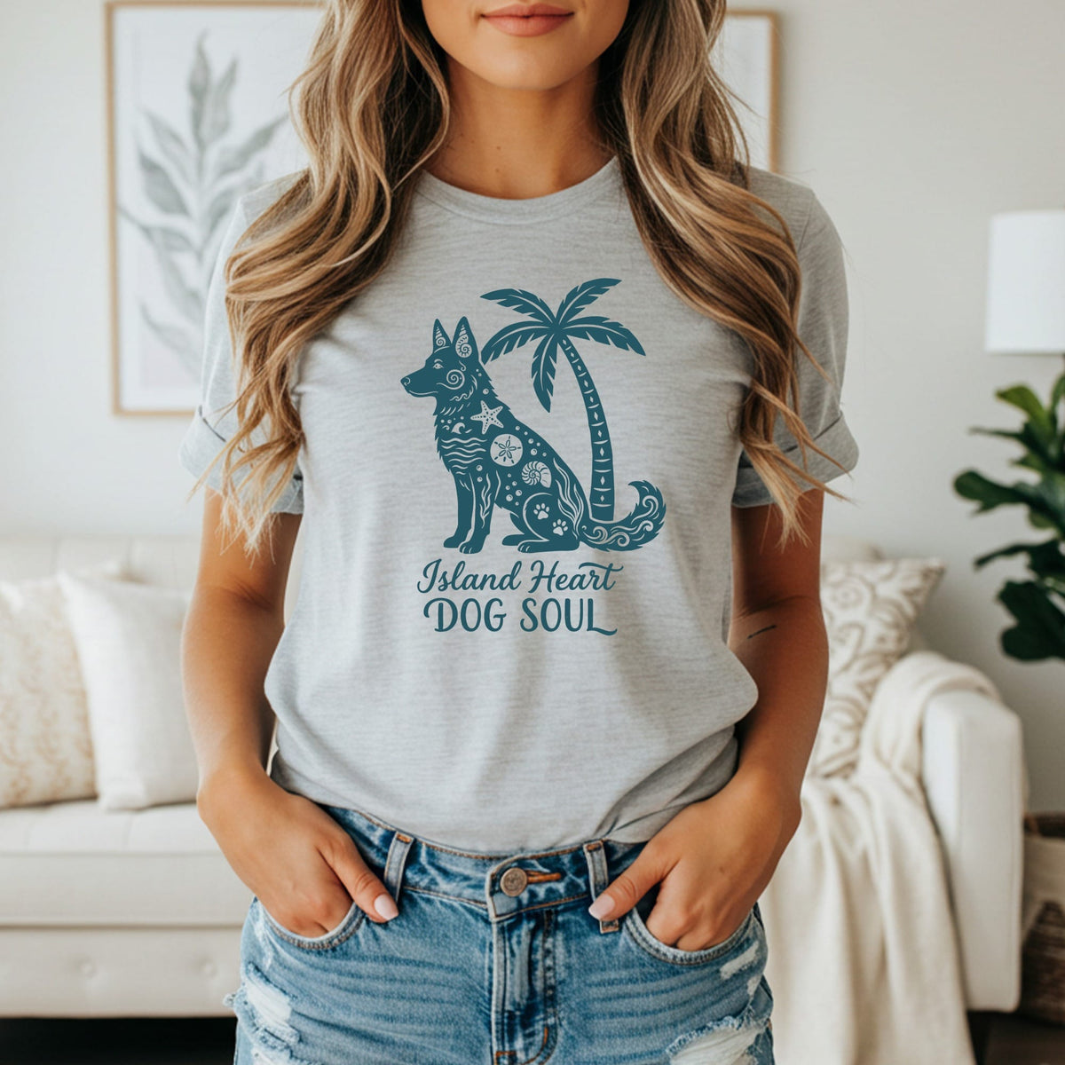 Grey t-shirt with blue graphic of a dog, palm tree, and text "Island Heart DOG SOUL".