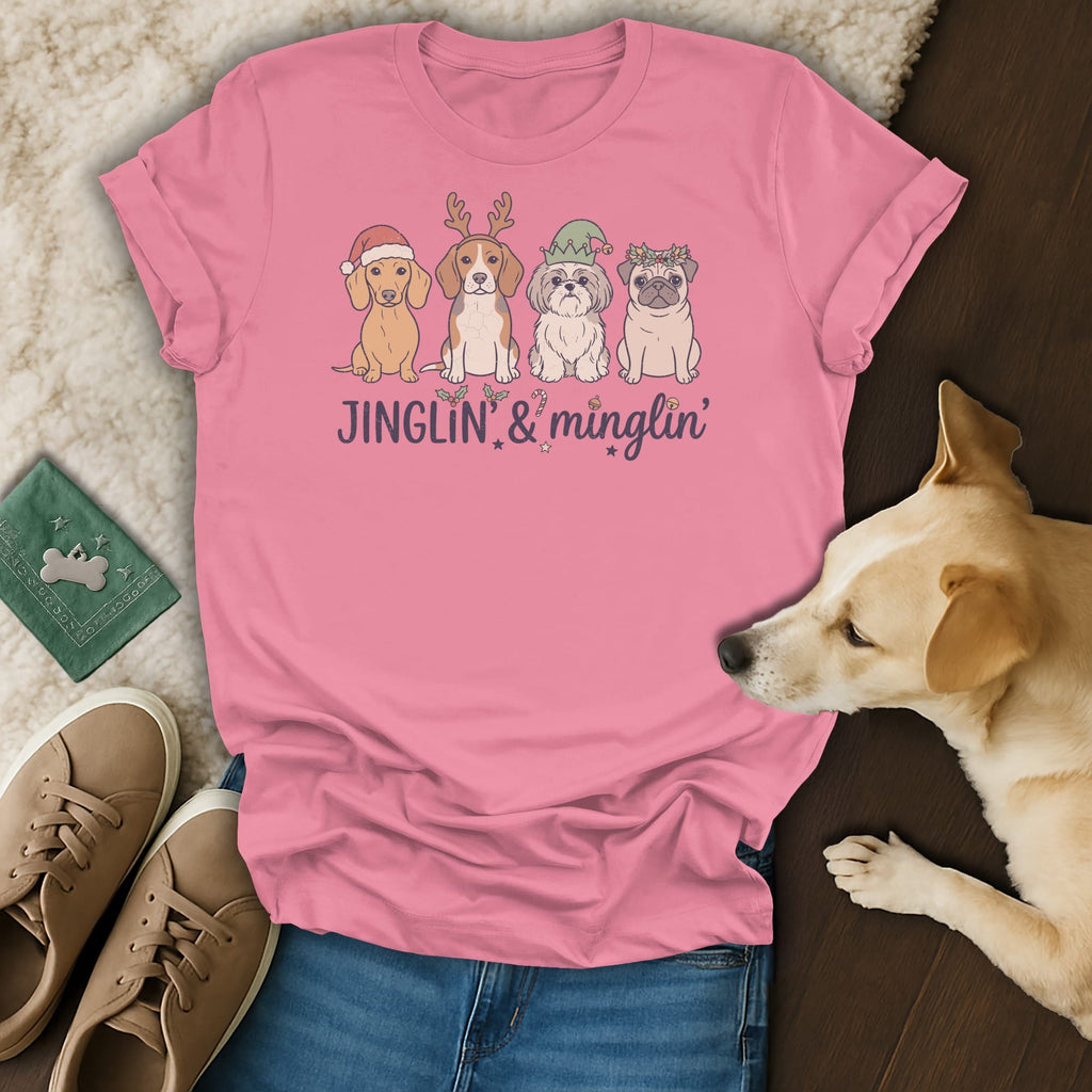 Pink t-shirt with four festive dogs and text "JINGLIN' & minglin'".
