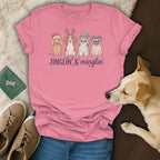 Pink t-shirt with four festive dogs and text "JINGLIN' & minglin'".