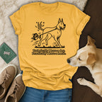 Yellow t-shirt with dog graphic and text "Technically I have a dog. Practically I have a horse."