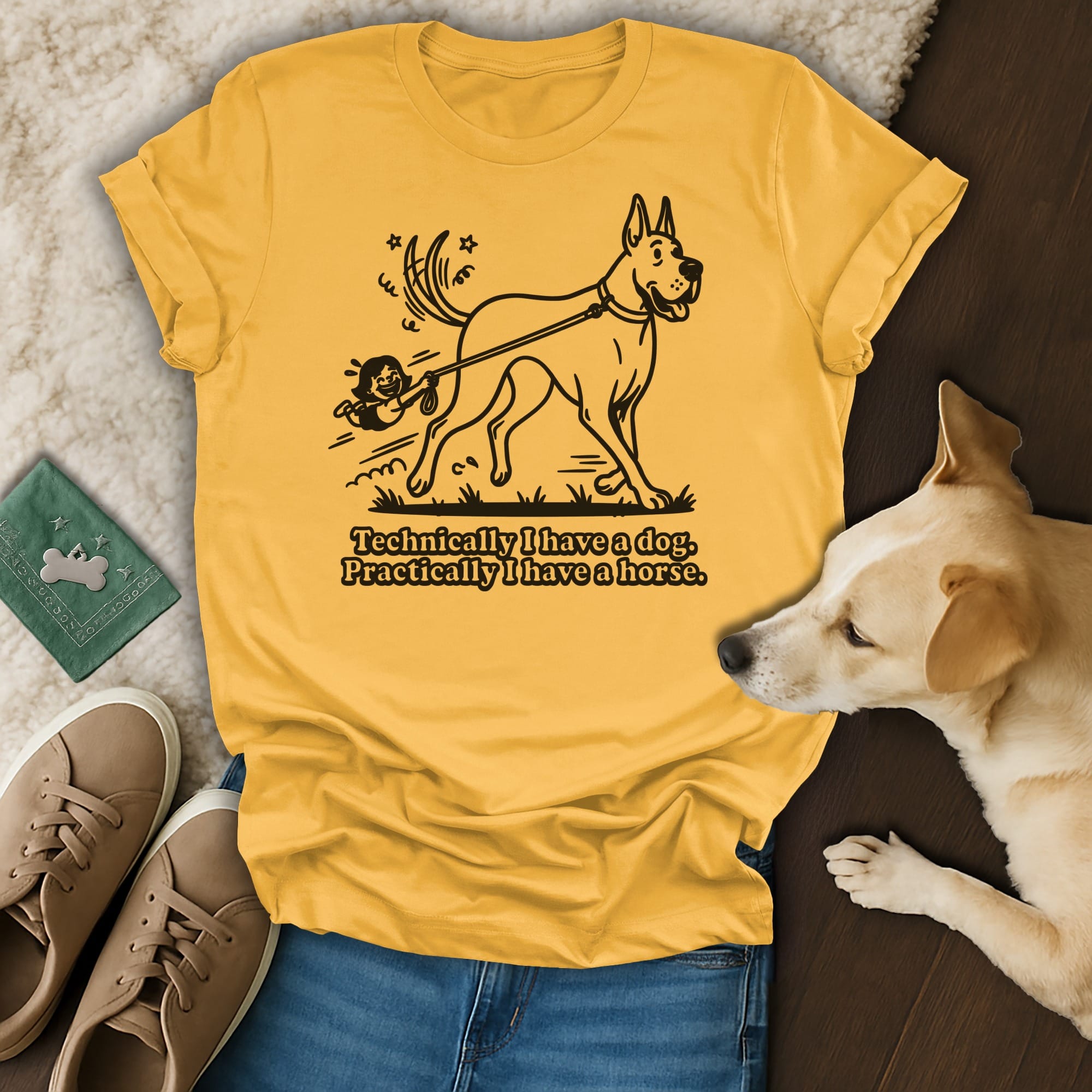 Yellow t-shirt with dog graphic and text "Technically I have a dog. Practically I have a horse."