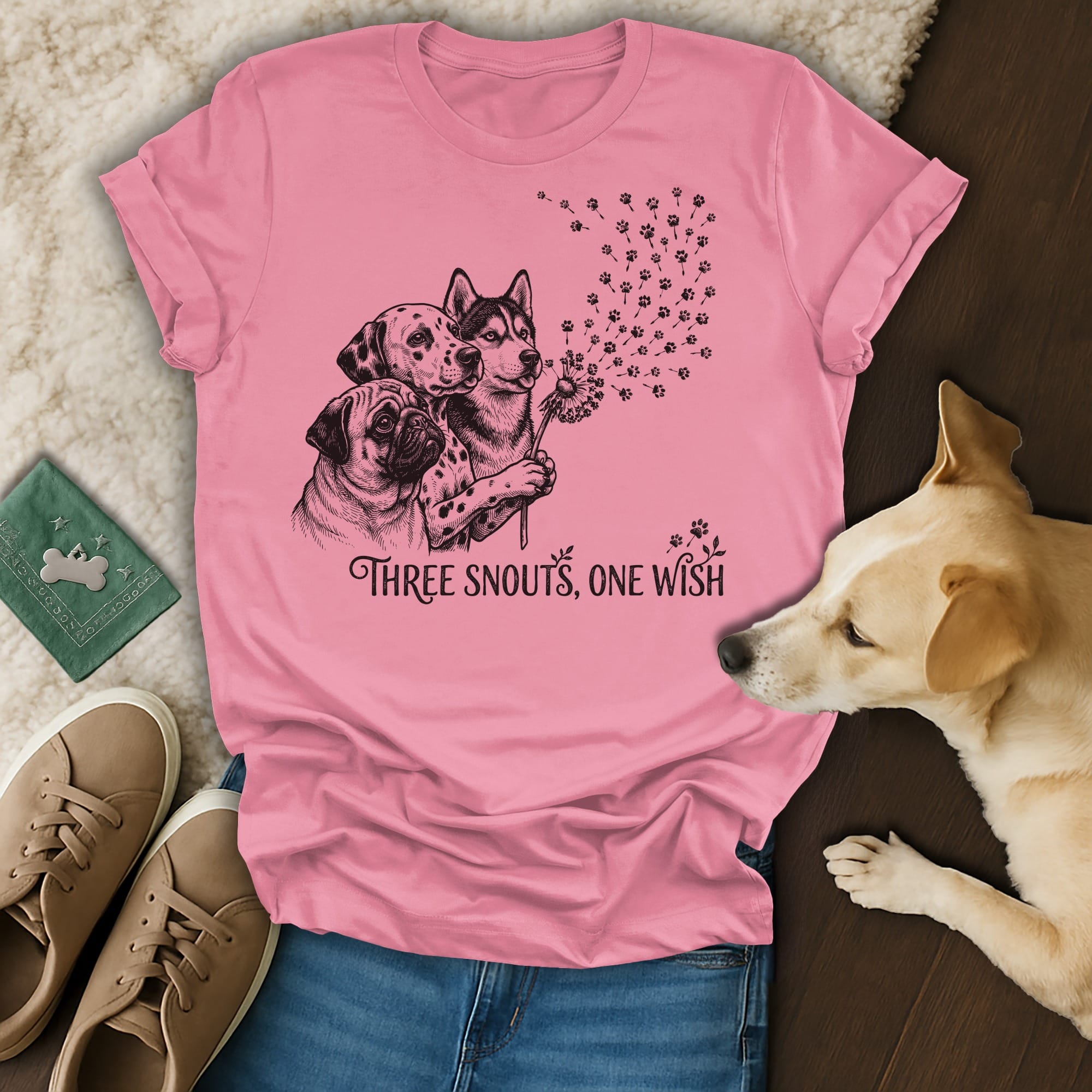 Three dogs, pug, husky, dalmatian, with dandelion and paw prints.