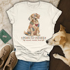 White t-shirt with a patchwork dog graphic and the text PERFECTLY PATCHED rescued, mended, loved.
