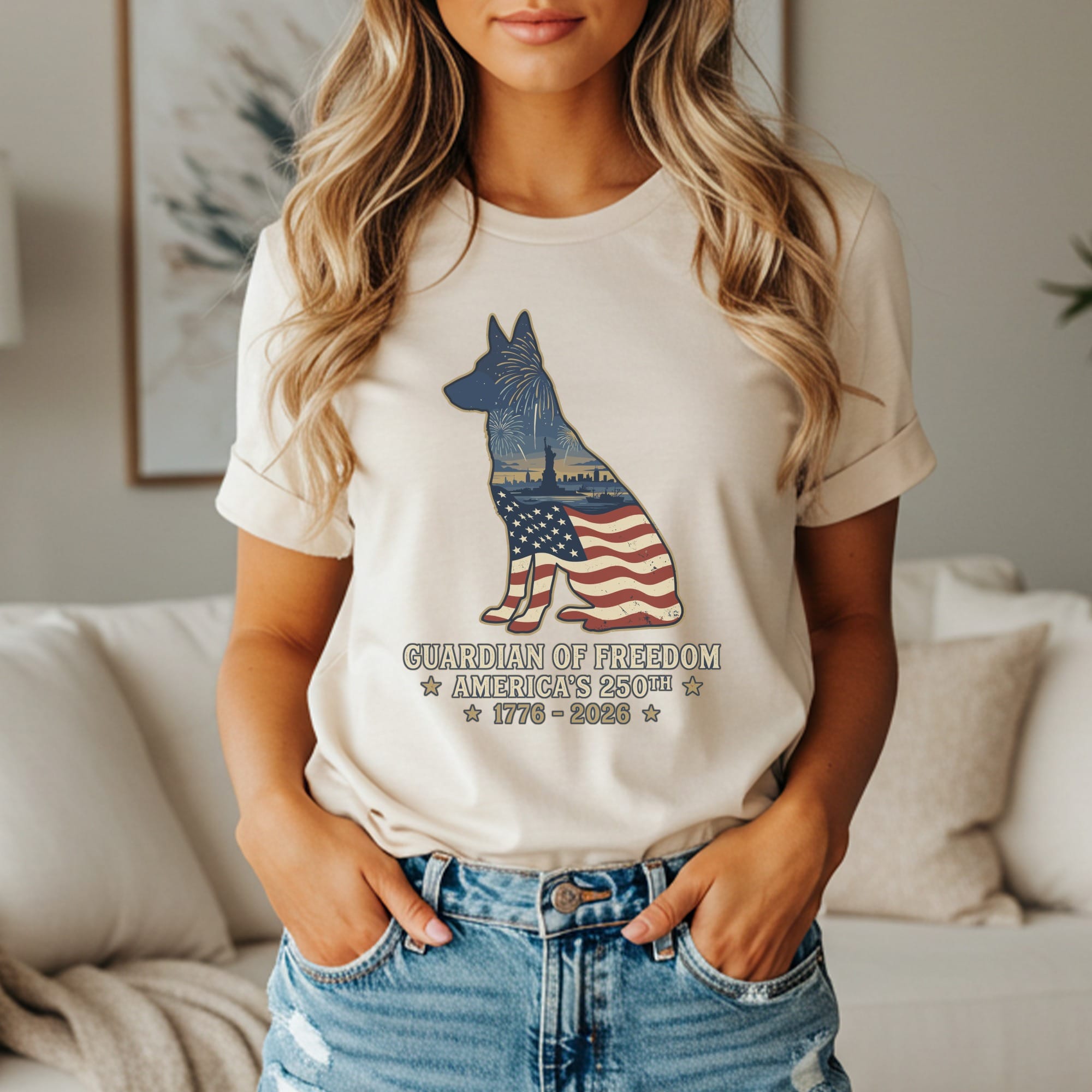 Guardian of Freedom t-shirt with dog silhouette, American flag, and city skyline.