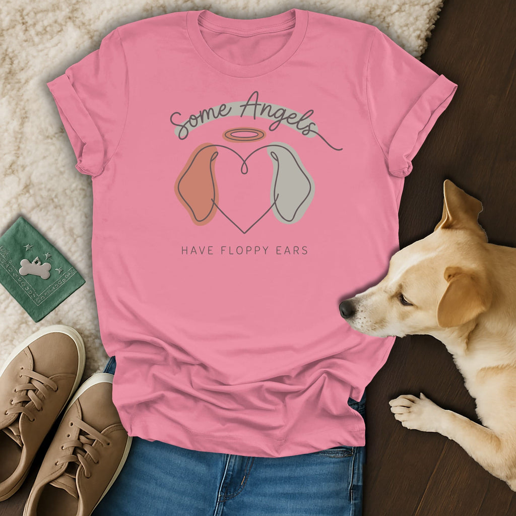 Pink t-shirt with "Some Angels Have Floppy Ears" and dog face graphic.