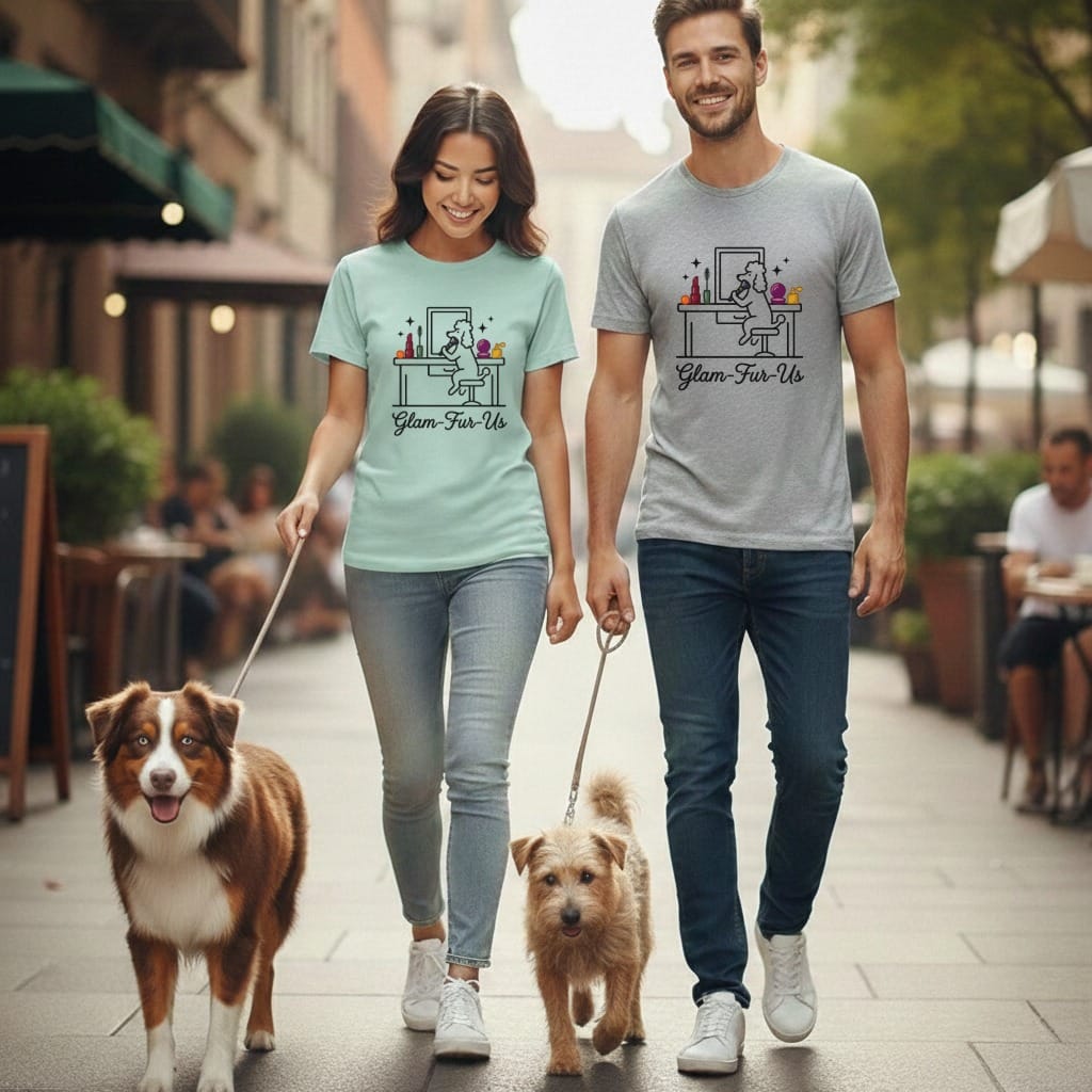 Couple walks dogs wearing t-shirts with grooming salon graphic.