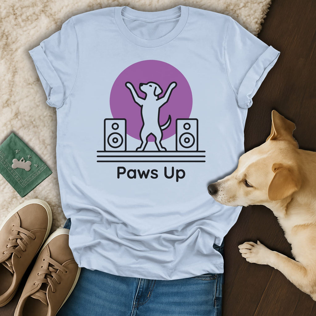 Light blue t-shirt with "Paws Up" text and dog dancing graphic.