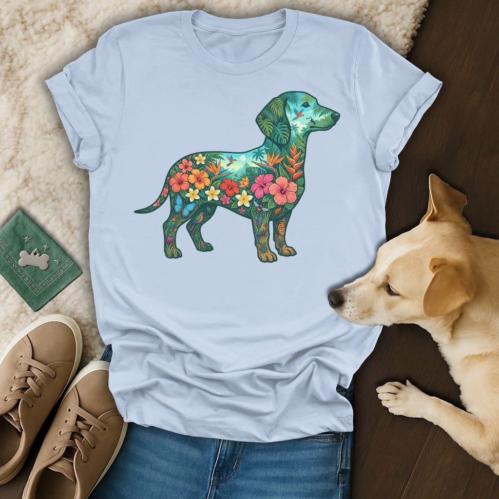 Light blue t-shirt with a dachshund silhouette filled with tropical flowers and butterflies.