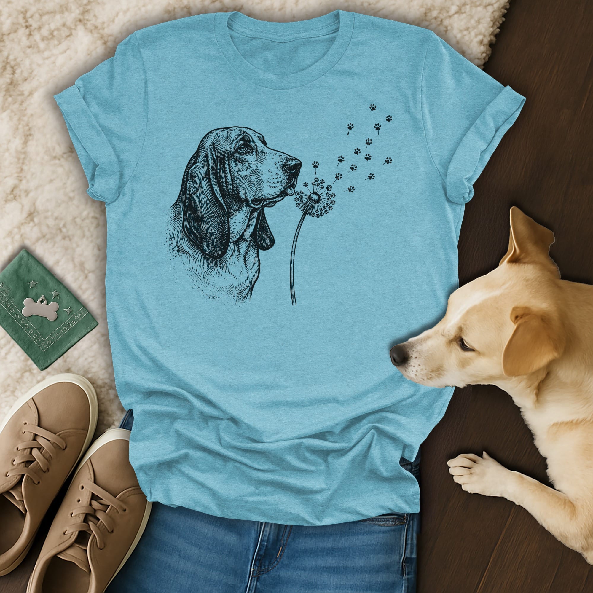 Basset hound blowing dandelion seeds with paw prints.