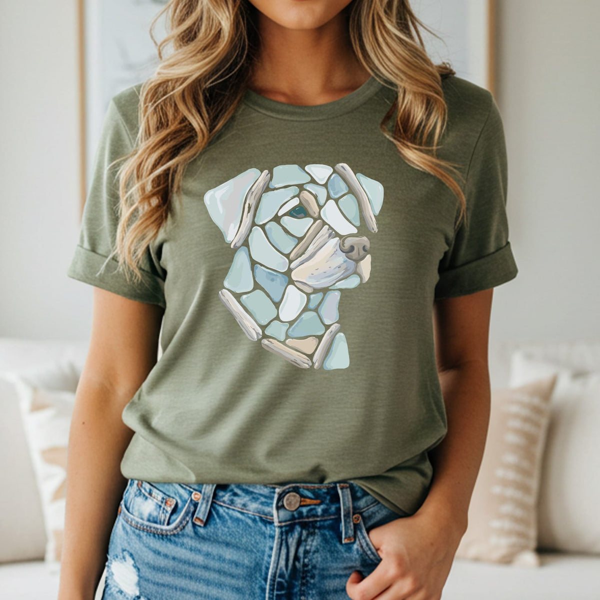 Green t-shirt with mosaic dog face graphic made of sea glass and driftwood.