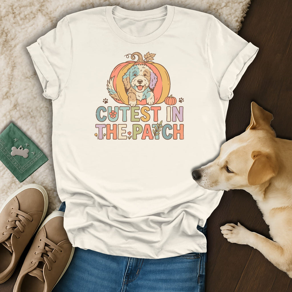 Cream t-shirt with a colorful dog in a pumpkin and text "Cutest in the Patch".