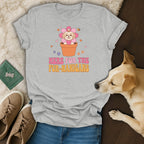 Grey t-shirt with Shih Tzu in flower, text HERE FOR THE FUR-NANIGANS.