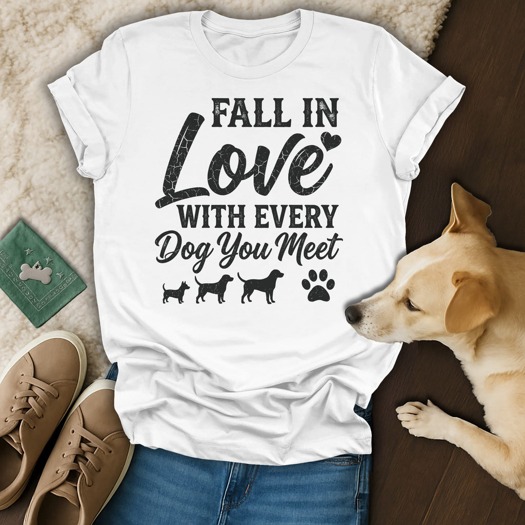 White t-shirt with "Fall in Love with Every Dog You Meet" text and dog silhouettes.