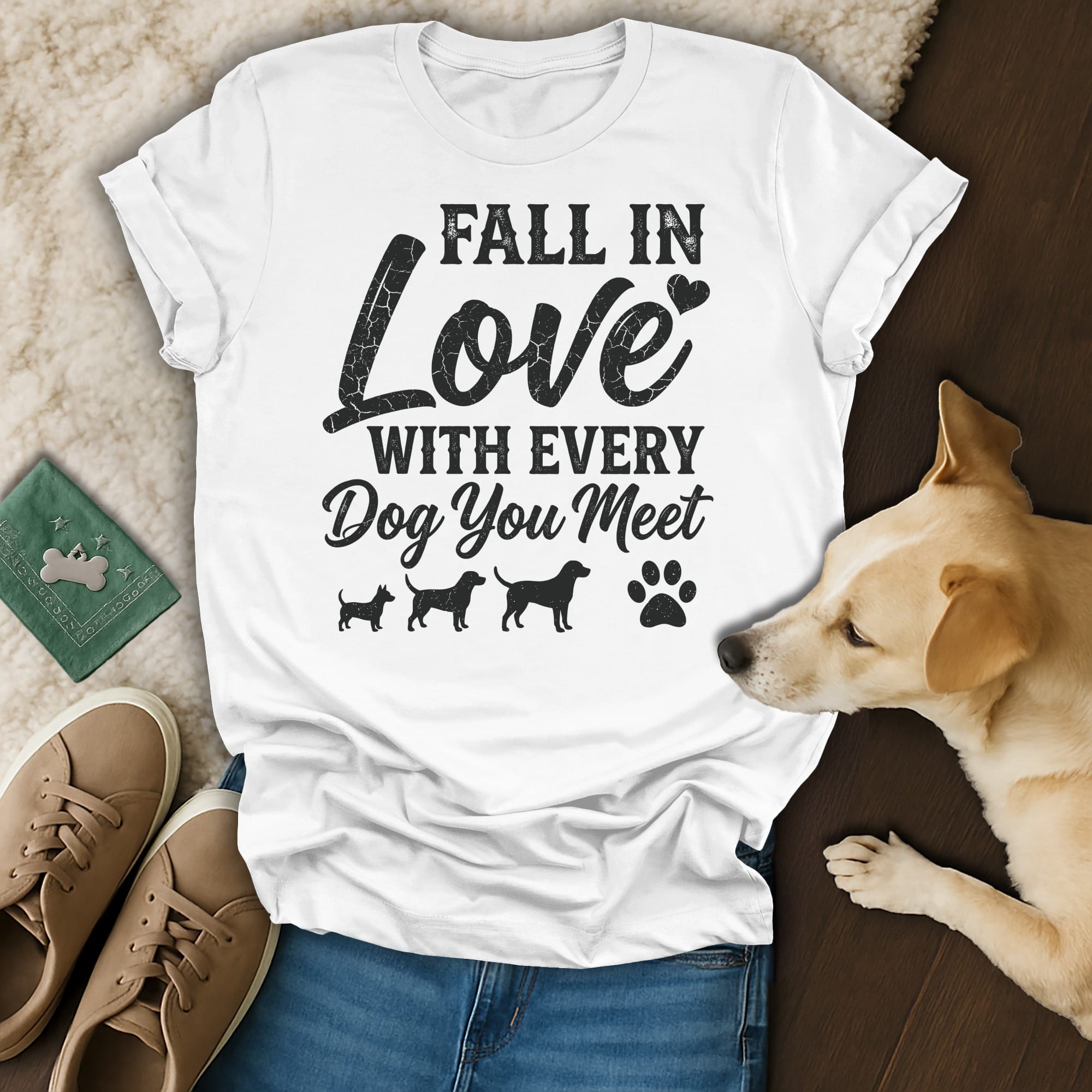 White t-shirt with "Fall in Love with Every Dog You Meet" text and dog silhouettes.