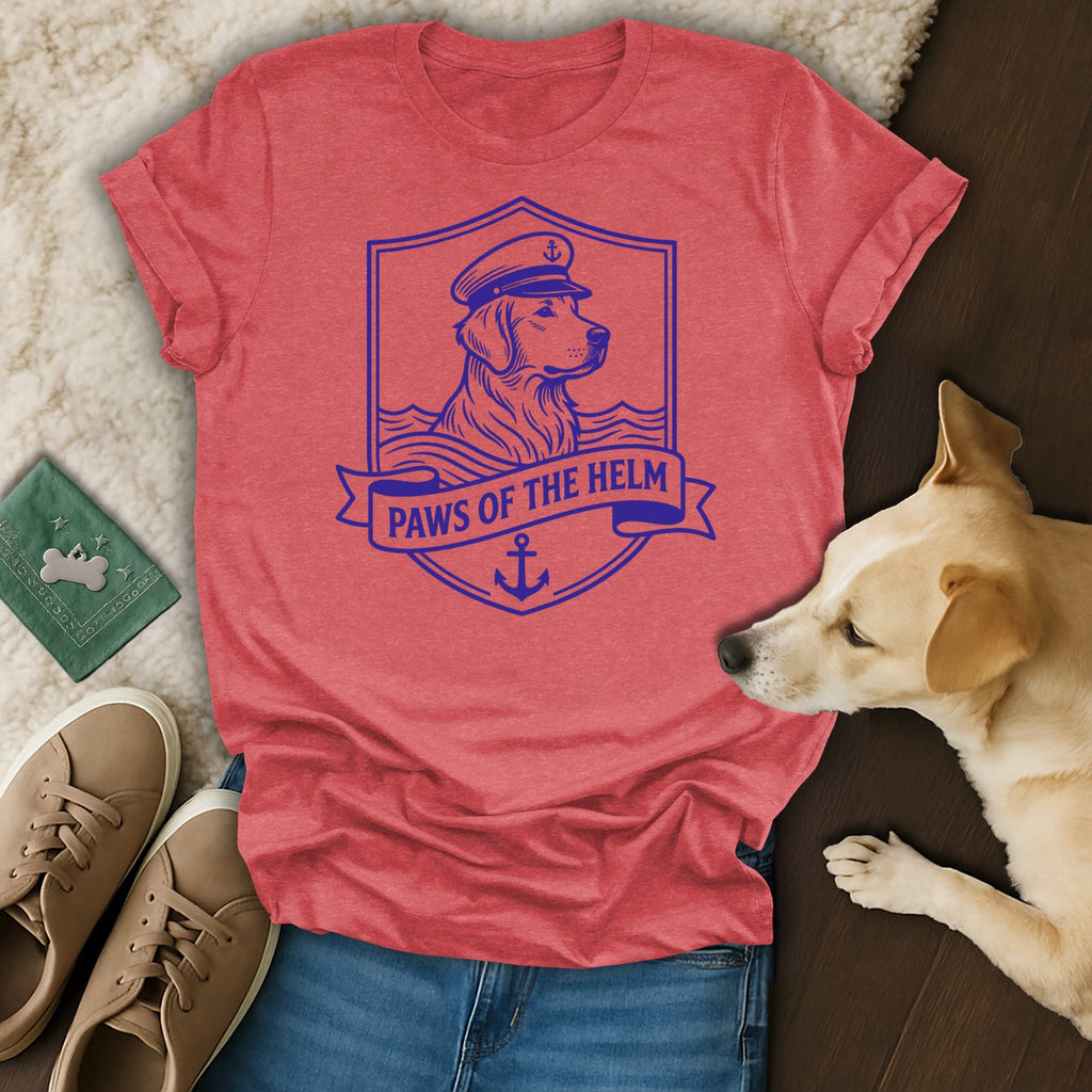 Dog wearing a captain's hat and holding an anchor, text "Paws of the Helm".