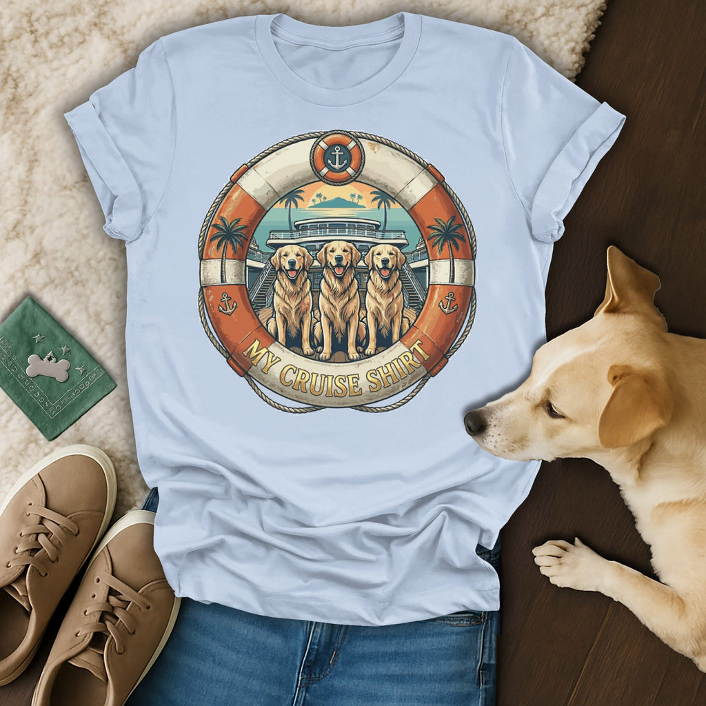 Three golden retrievers in a life preserver, with "My Cruise Shirt" text.