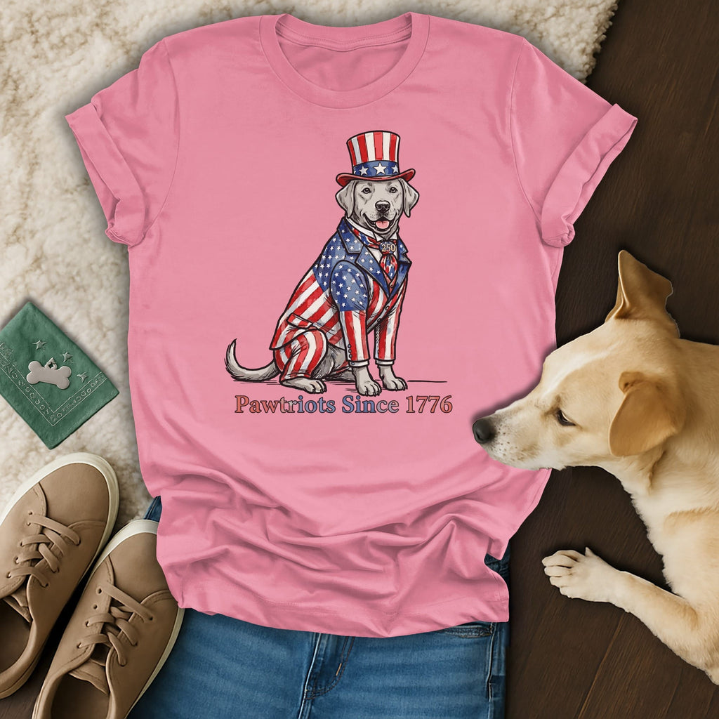 Labrador in patriotic suit and hat with "Pawtriots Since 1776" text.