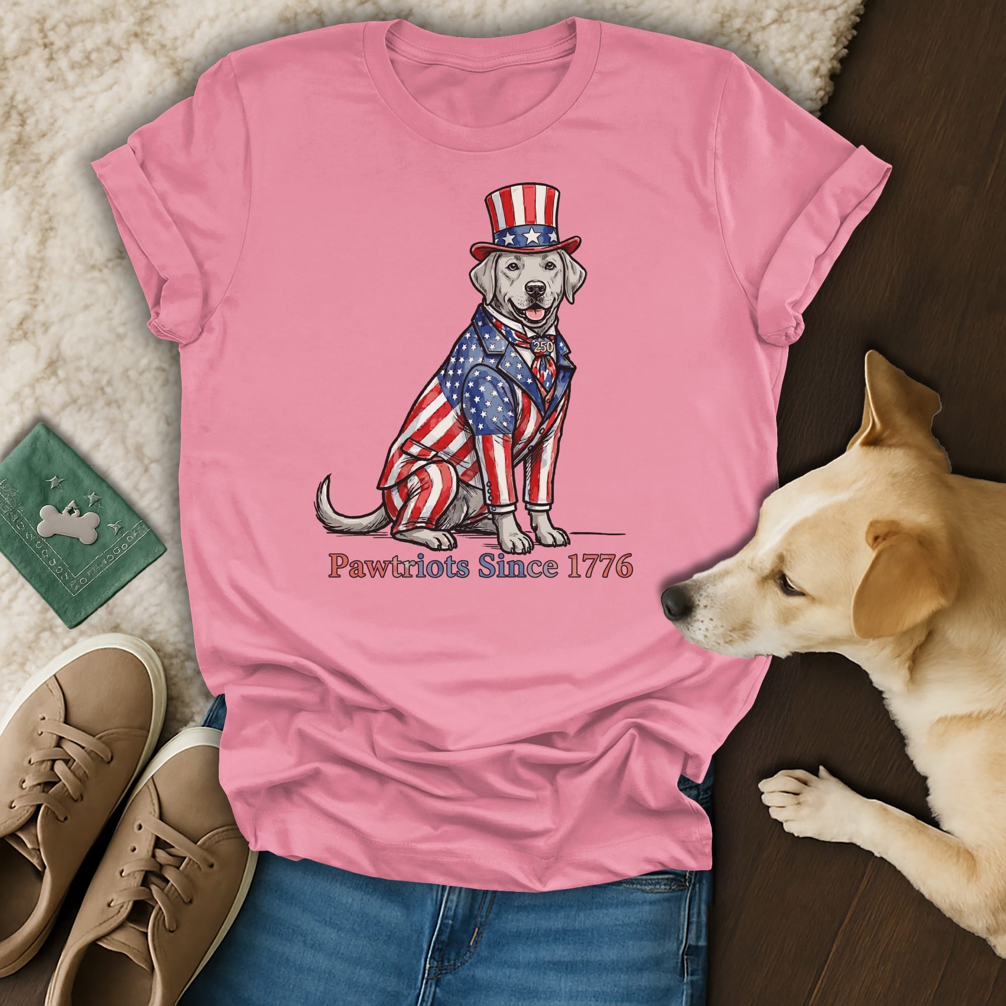 Labrador in patriotic suit and hat with "Pawtriots Since 1776" text.