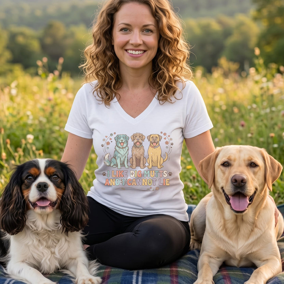 Woman in white shirt with "I like big mutts and I cannot lie" text and three dogs.