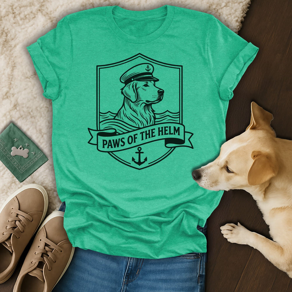 Green t-shirt with a Golden Retriever wearing a captain's hat and the text "Paws of the Helm".