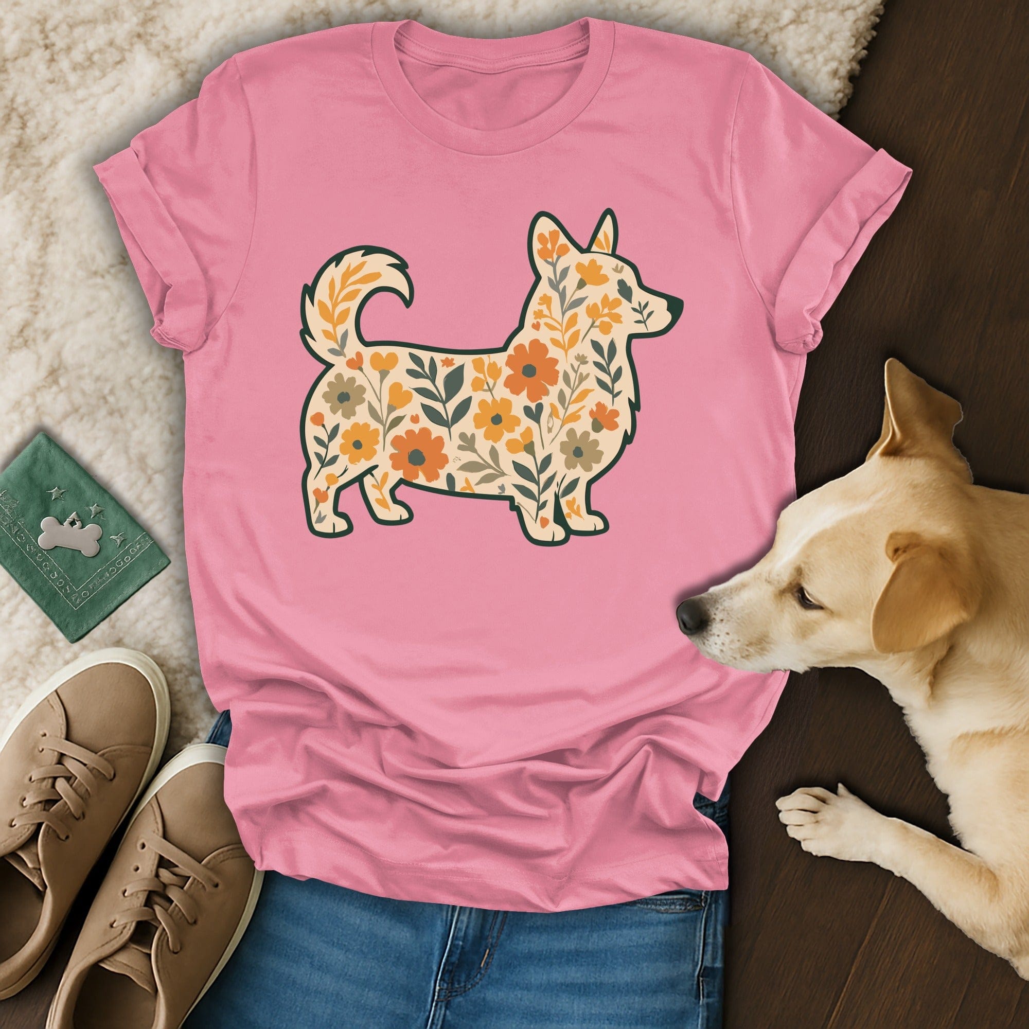 Floral Corgi Design Printed on Casual Wear Shirt