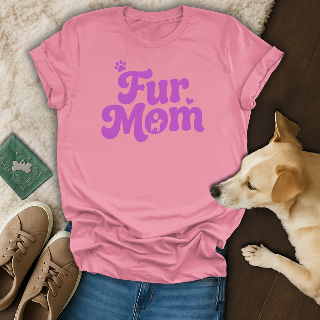 Pink t-shirt with "Fur Mom" text and dog silhouette.