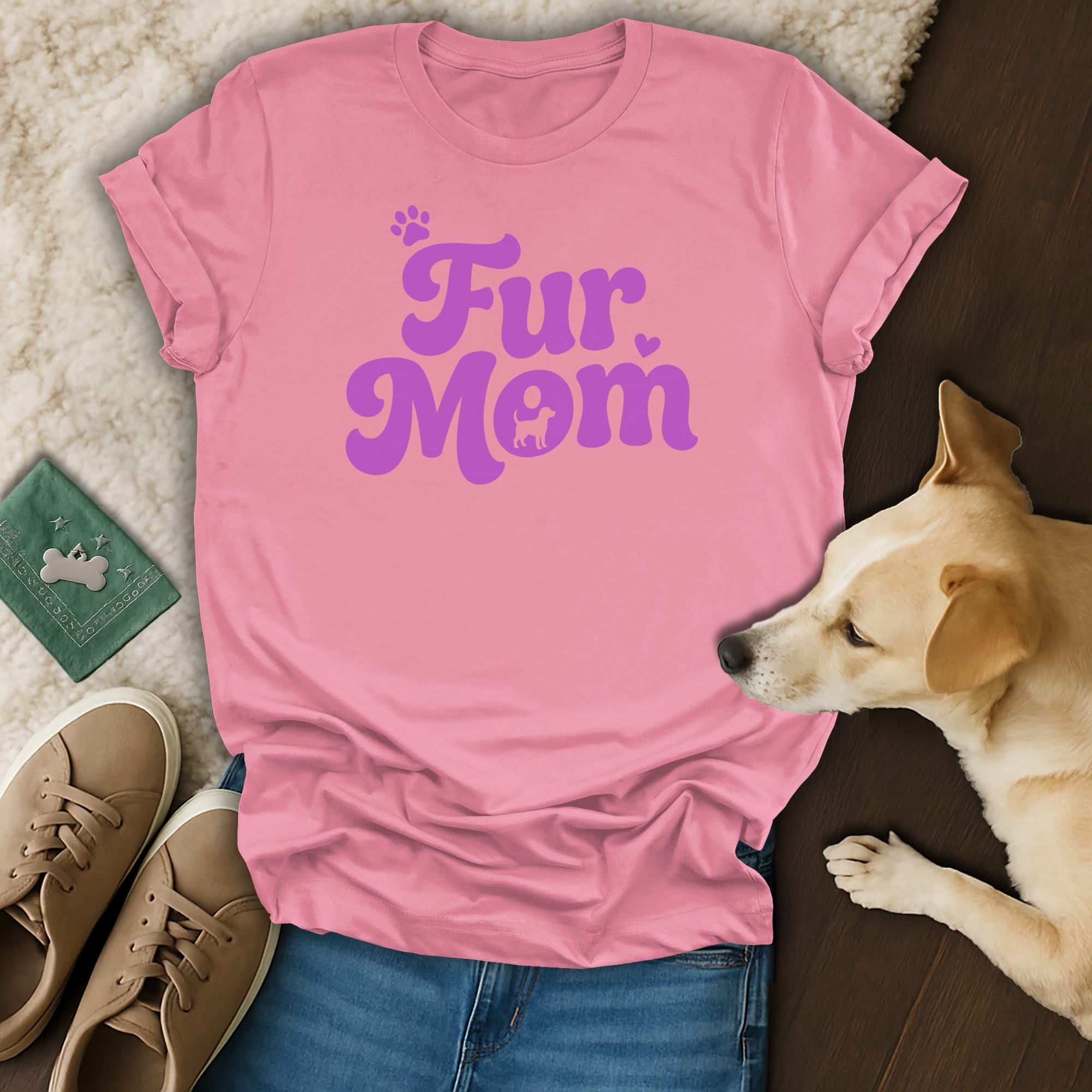 Pink t-shirt with "Fur Mom" text and dog silhouette.