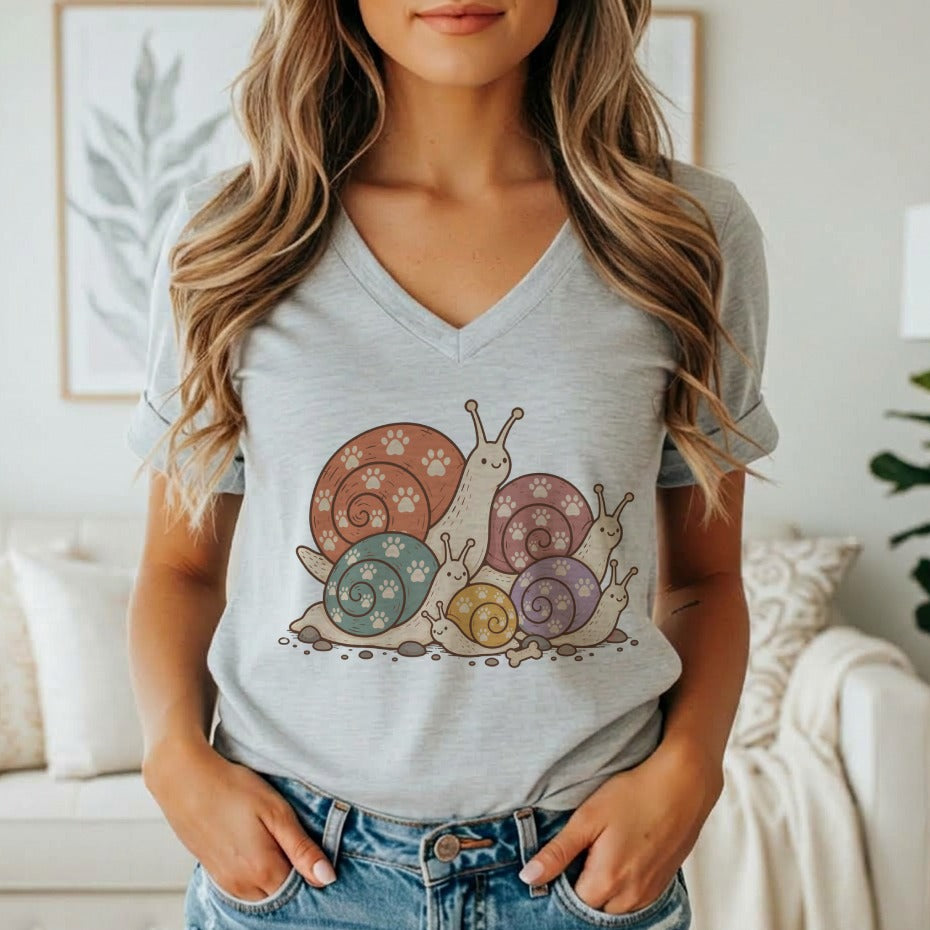 A person wears a grey v-neck t-shirt featuring a colorful graphic of cute snails with paw print shells.