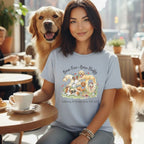Woman with golden retriever wearing a t-shirt celebrating 250 years.