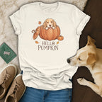 T-shirt with beagle peeking out of pumpkin, "Hello Pumpkin" text.
