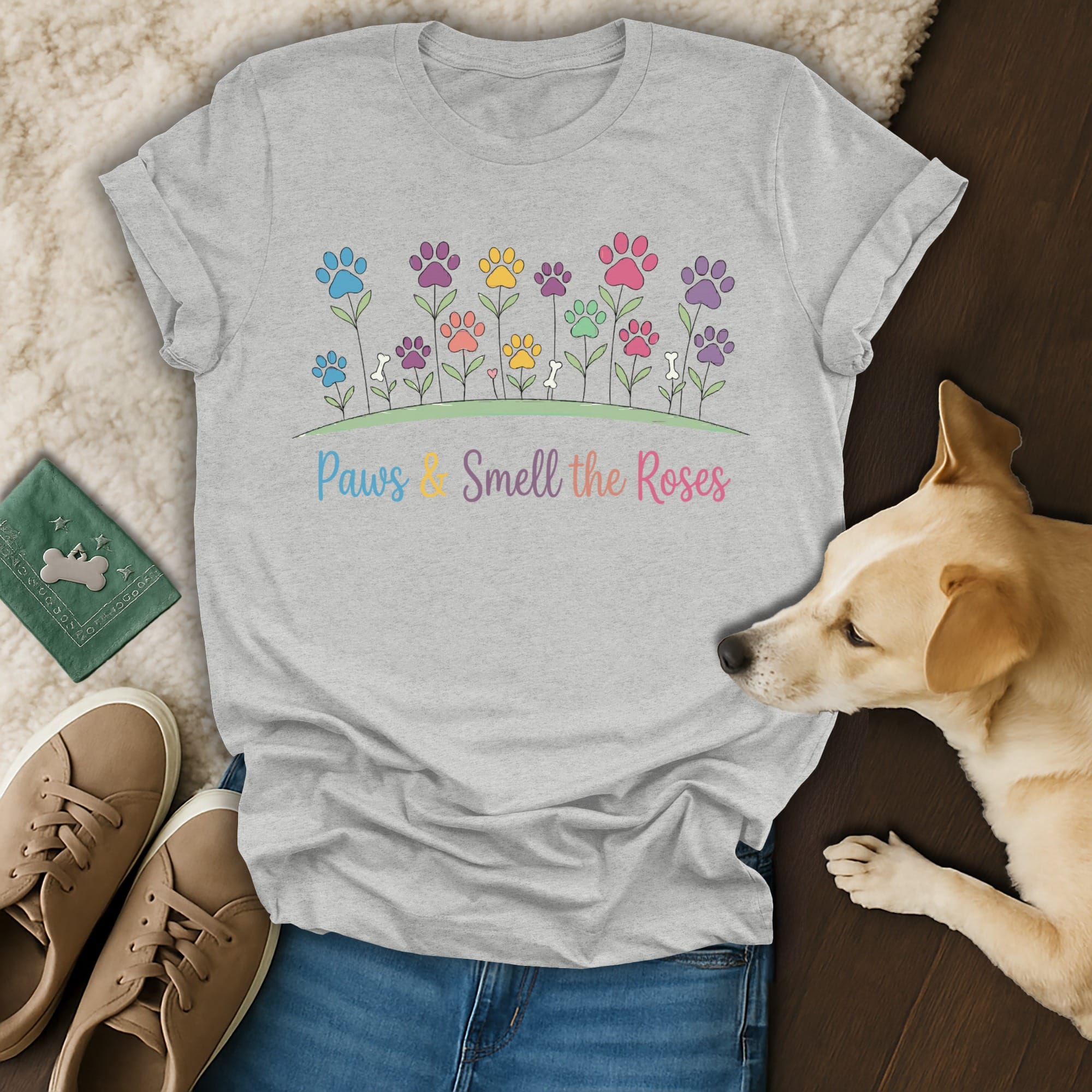 Gray t-shirt with "Paws & Smell the Roses" text and floral paw prints.
