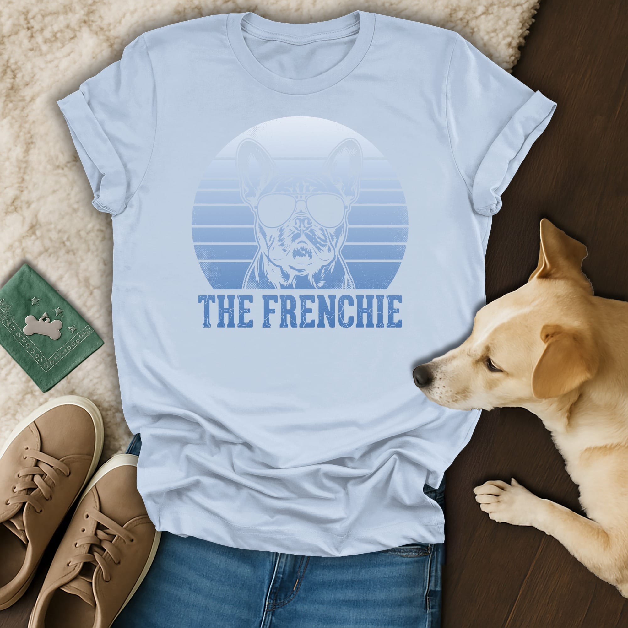 Light blue t-shirt with "THE FRENCHIE" text and dog graphic.