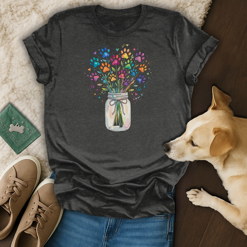 Dark gray t-shirt with colorful paw prints in a mason jar bouquet.