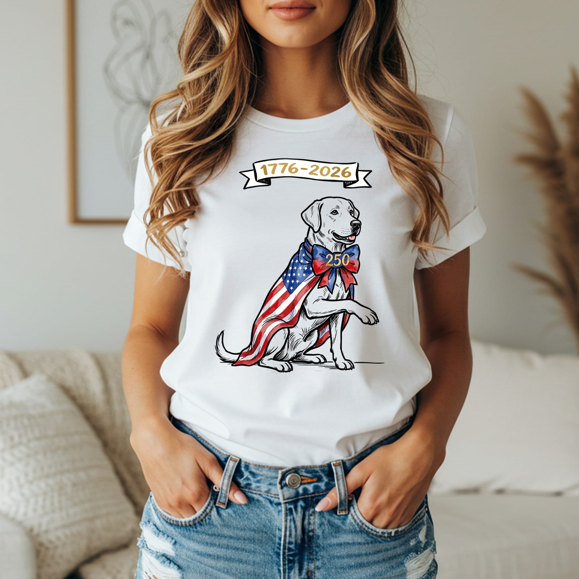 Labrador Retriever wearing a patriotic cape and bow tie.