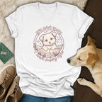 White v-neck t-shirt with a drawing of a puppy and the text "you HAVE RULES I have puppy".