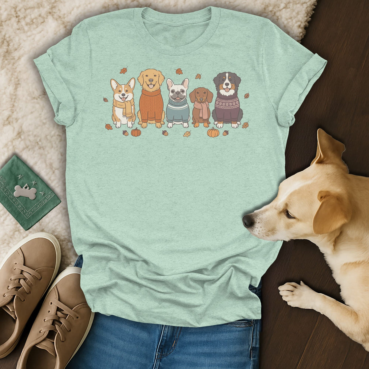 T-shirt with a line of five dogs in sweaters, surrounded by autumn leaves and pumpkins.