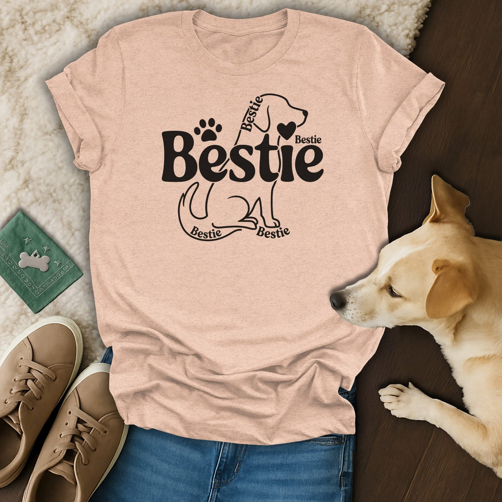 Peach t-shirt with "Bestie" and dog silhouette graphic.