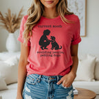 Red t-shirt with graphic of silhouette petting a dog and text "Current Mood: avoiding people, petting dogs."